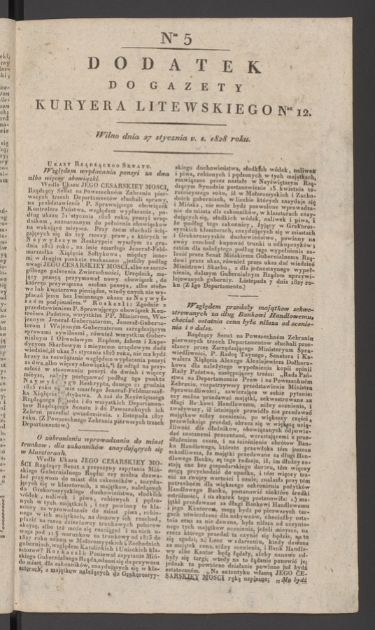 Dodatek do&nbsp;gazety Kuryera Litewskiego numeru&nbsp;12, 1828, numer&nbsp;5