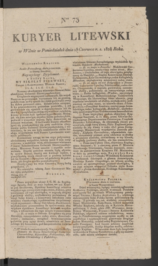 Kuryer Litewski. 1828, numer&nbsp;73