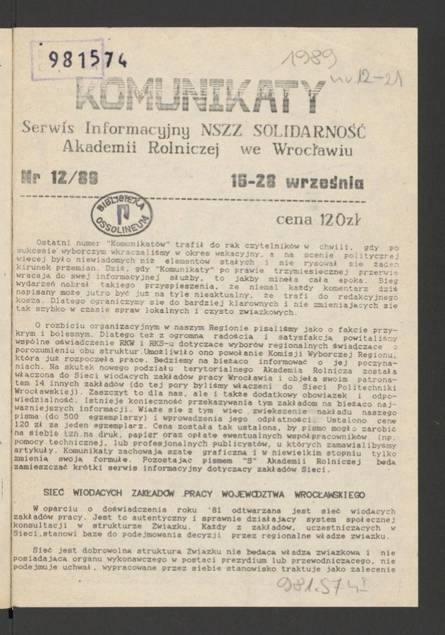 Komunikaty : serwis informacyjny NSZZ „Solidarność” Akademii Rolniczej we Wrocławiu. 1989, numer 12