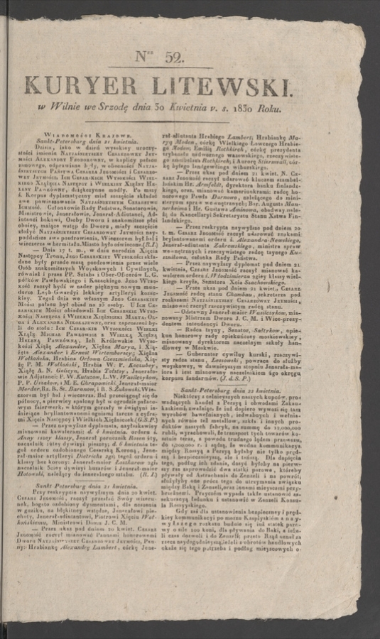 Kuryer Litewski. 1830, numer&nbsp;52