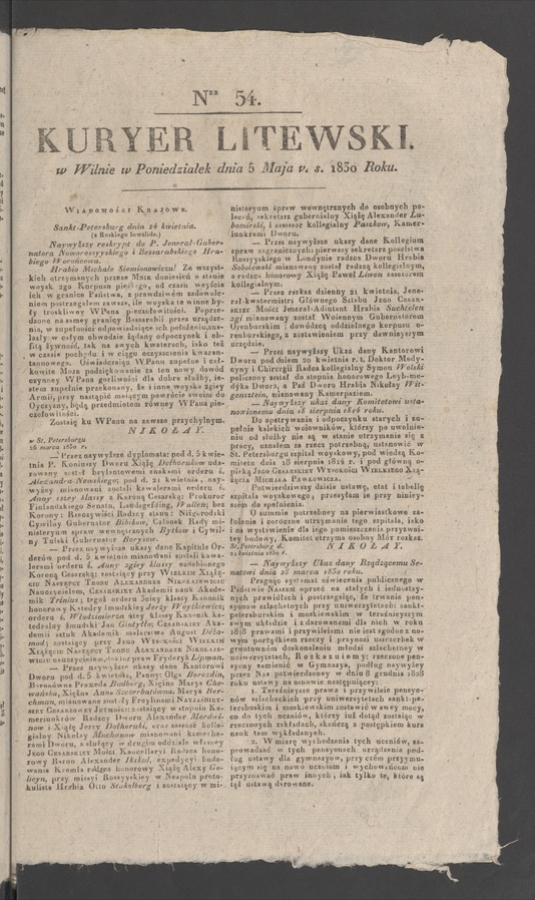 Kuryer Litewski. 1830, numer&nbsp;54
