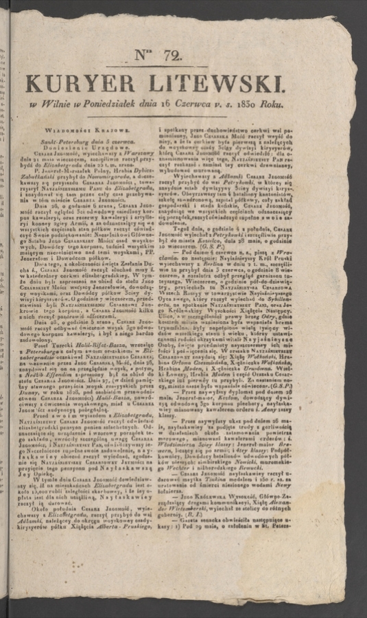 Kuryer Litewski. 1830, numer&nbsp;72