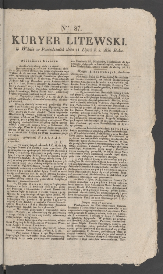 Kuryer Litewski. 1830, numer&nbsp;87