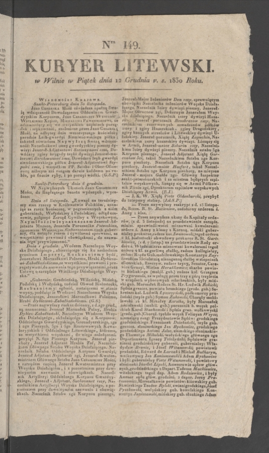 Kuryer Litewski. 1830, numer&nbsp;149