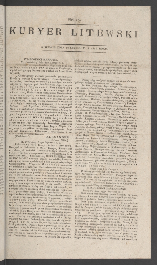 Kuryer Litewski. 1814, numero 13