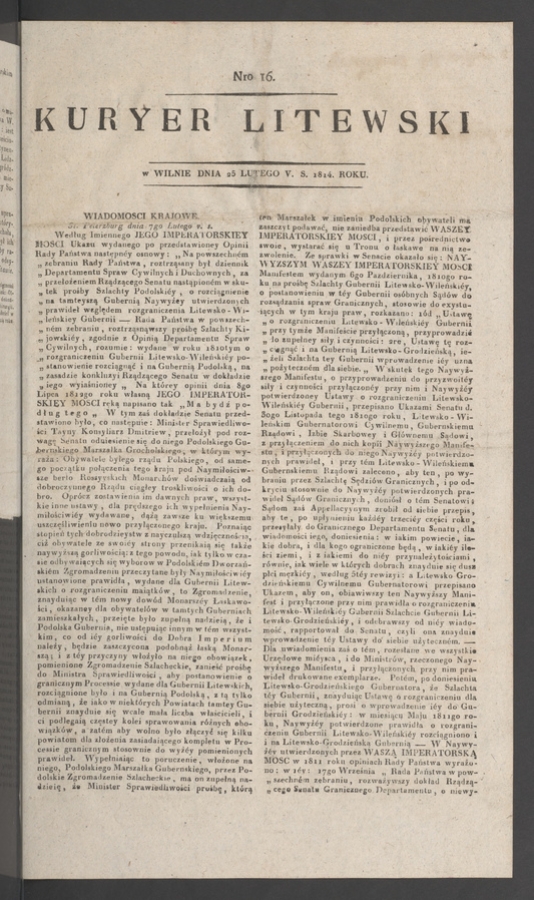 Kuryer Litewski. 1814, numero 16