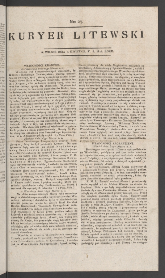 Kuryer Litewski. 1814, numero 27