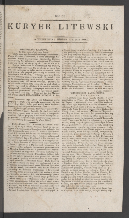 Kuryer Litewski. 1814, numero 61