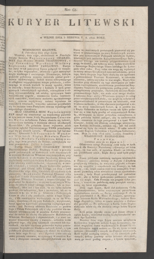 Kuryer Litewski. 1814, numero 62