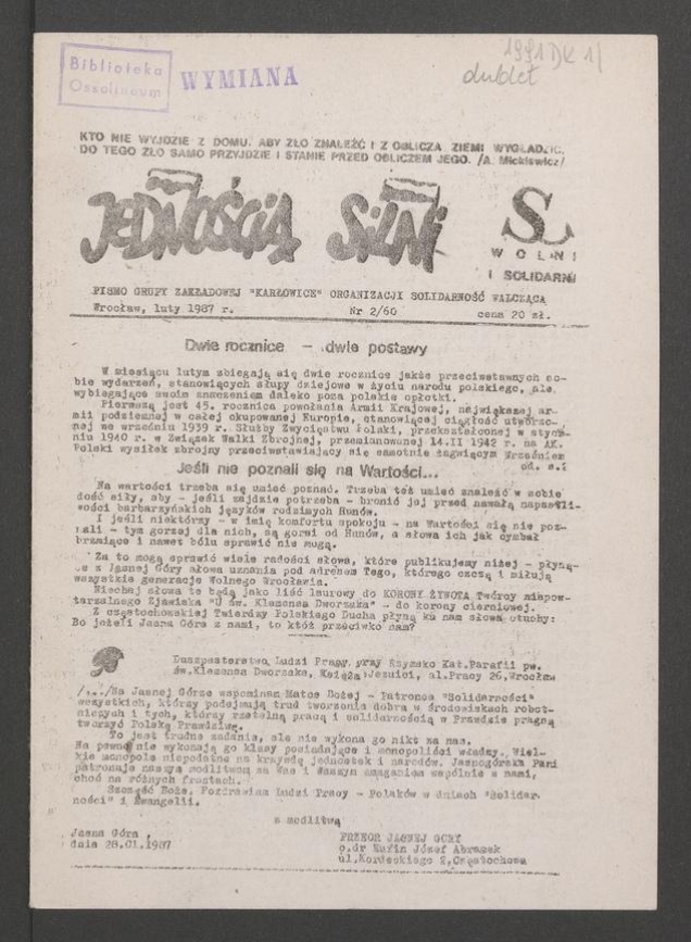 Jednością Silni&nbsp;: pismo Grupy Zakładowej &bdquo;Karłowice&rdquo; Organizacji Solidarność Walcząca. 1987, numer&nbsp;2&nbsp;(60)