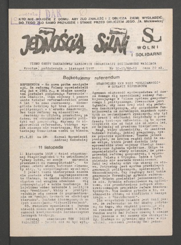 Jednością Silni&nbsp;: pismo Grupy Zakładowej Karłowice Organizacji Solidarność Walcząca. 1987, numer&nbsp;10-11&nbsp;(68-69)