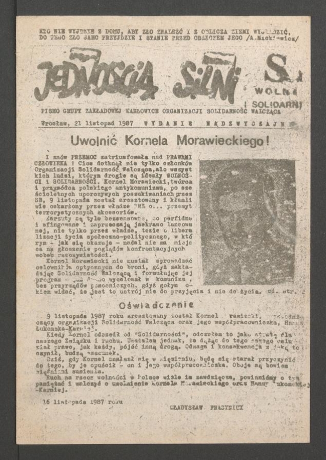 Jednością Silni&nbsp;: pismo Grupy Zakładowej &bdquo;Karłowice&rdquo; Organizacji Solidarność Walcząca. 1987, wydanie nadzwyczajne