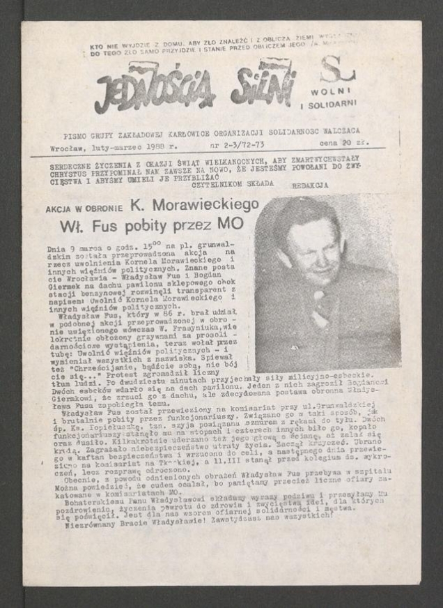 Jednością Silni&nbsp;: pismo Grupy Zakładowej Karłowice Organizacji Solidarność Walcząca. 1988, numer&nbsp;2-3 (72-73)