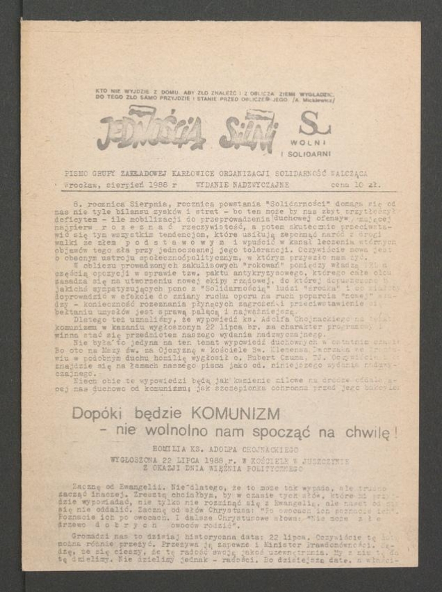 Jednością Silni&nbsp;: pismo Grupy Zakładowej Karłowice Organizacji Solidarność Walcząca. 1988, wydanie nadzwyczajne