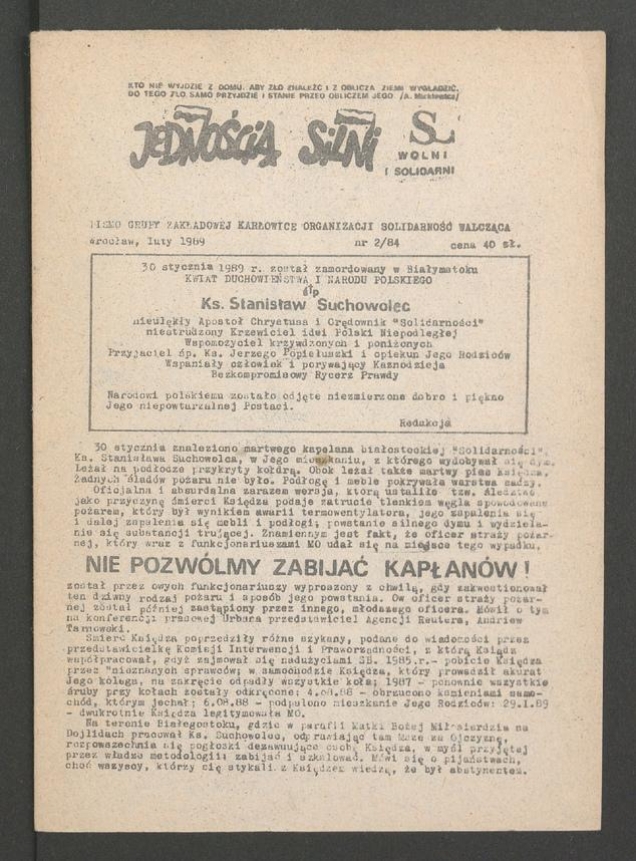 Jednością Silni&nbsp;: pismo Grupy Zakładowej Karłowice Organizacji Solidarność Walcząca. 1989, numer&nbsp;2&nbsp;(84)