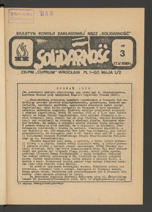 Biuletyn Komisji Zakładowej NSZZ &bdquo;Solidarność&rdquo; ZBiPM &bdquo;Cuprum&rdquo; Wrocław. 1981, numer&nbsp;3