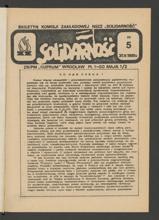 Biuletyn Komisji Zakładowej NSZZ &bdquo;Solidarność&rdquo; ZBiPM &bdquo;Cuprum&rdquo; Wrocław. 1981, numer&nbsp;5