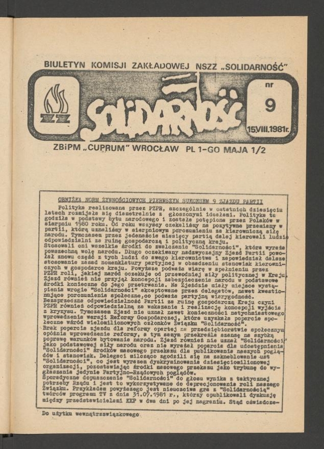 Biuletyn Komisji Zakładowej NSZZ &bdquo;Solidarność&rdquo; ZBiPM &bdquo;Cuprum&rdquo; Wrocław. 1981, numer&nbsp;9
