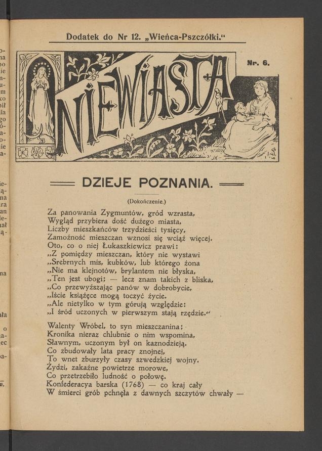 Niewiasta&nbsp;: dodatek do&nbsp;numeru&nbsp;12 &bdquo;Wieńca-Pszcz&oacute;łki&rdquo;. Rok&nbsp;9, 1909, numer 6