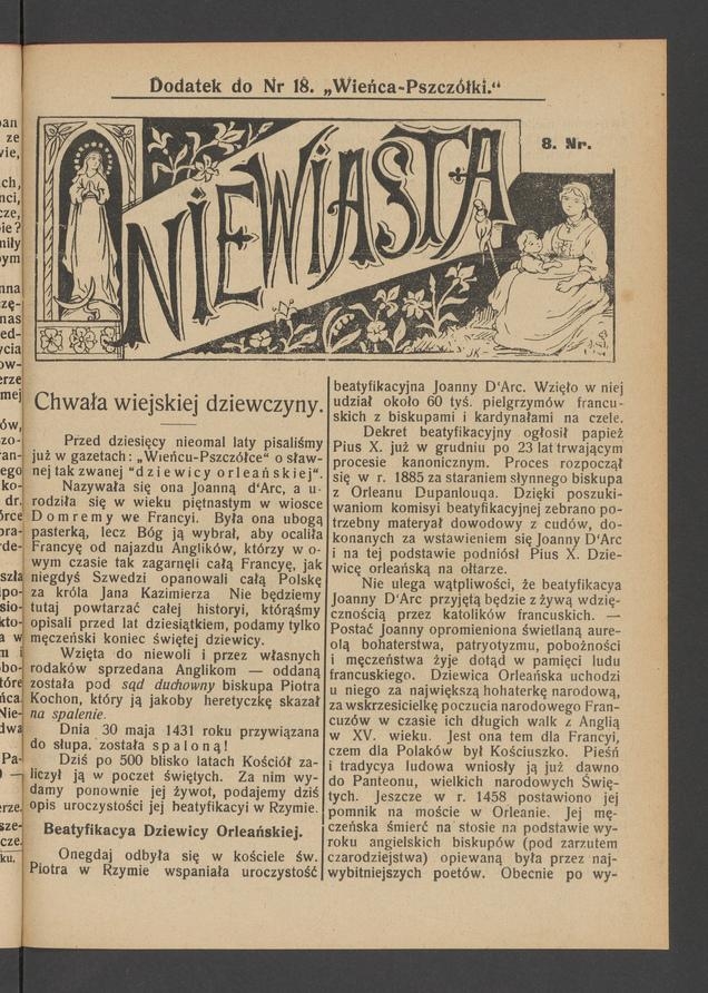 Niewiasta&nbsp;: dodatek do&nbsp;numeru&nbsp;18 &bdquo;Wieńca-Pszcz&oacute;łki&rdquo;. Rok&nbsp;9, 1909, numer 8