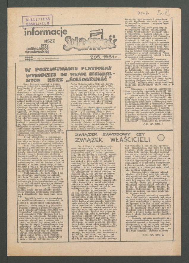 Informacje NSZZ „Solidarność” przy Politechnice Wrocławskiej, 1981.05.07