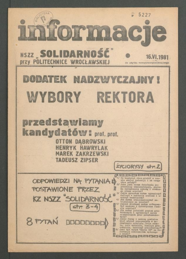 Informacje NSZZ „Solidarność” przy Politechnice Wrocławskiej, 1981.06.16, dodatek nadzwyczajny: wybory rektora