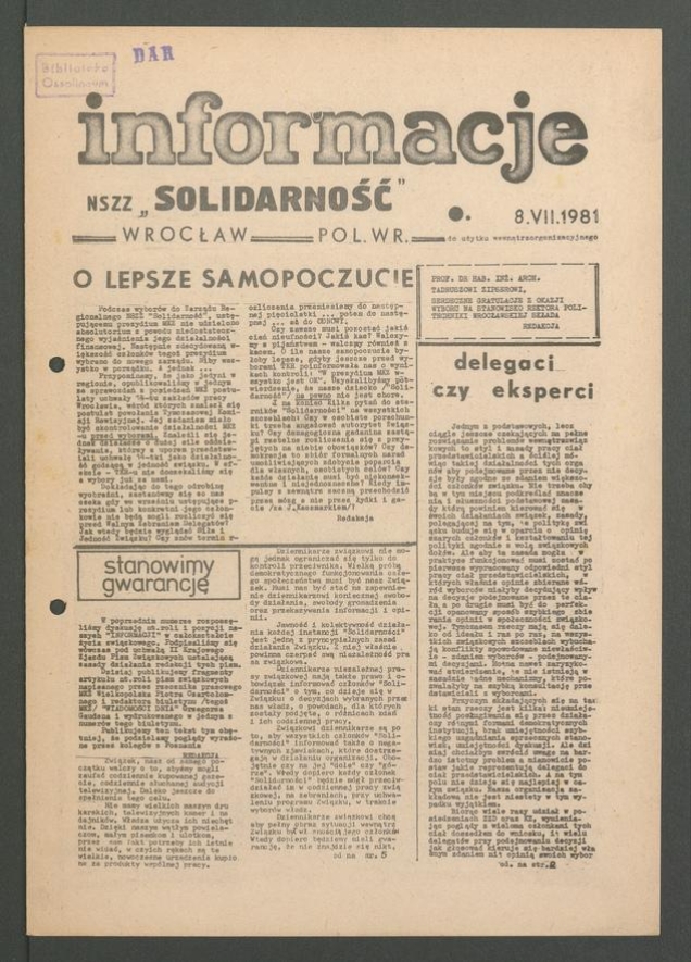 Informacje NSZZ „Solidarność” przy Politechnice Wrocławskiej, 1981.07.08