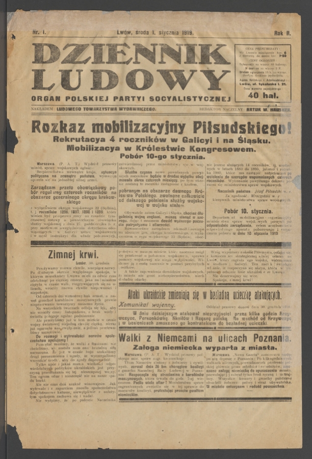 Dziennik Ludowy&nbsp;: organ Polskiej Partyi Socyalistycznej. Rok&nbsp;2, 1919, numer&nbsp;1
