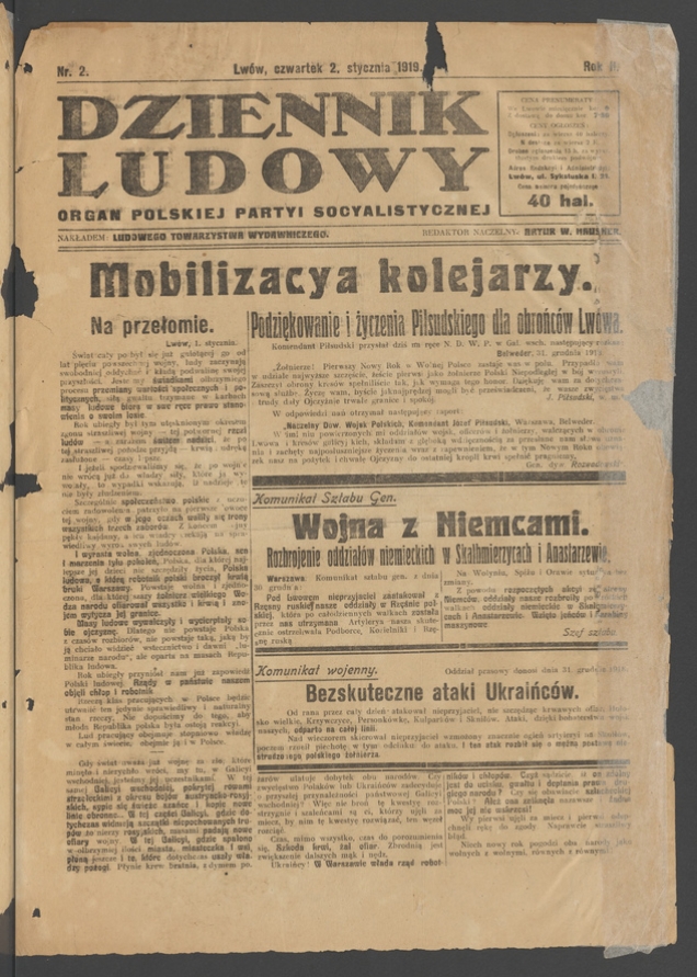 Dziennik Ludowy&nbsp;: organ Polskiej Partyi Socyalistycznej. Rok&nbsp;2, 1919, numer&nbsp;2
