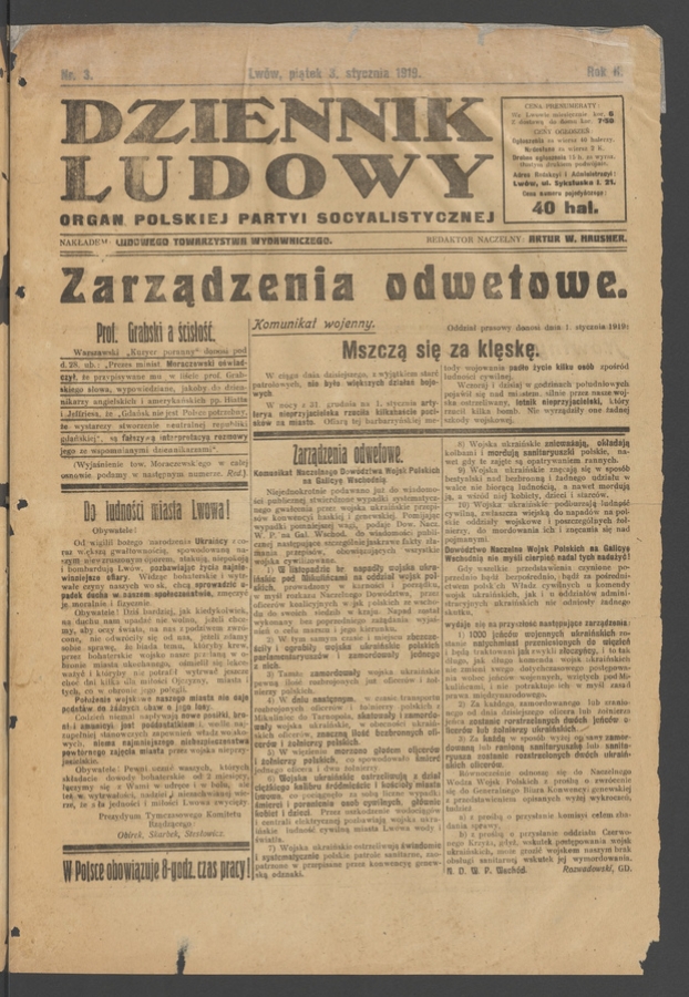 Dziennik Ludowy&nbsp;: organ Polskiej Partyi Socyalistycznej. Rok&nbsp;2, 1919, numer&nbsp;3