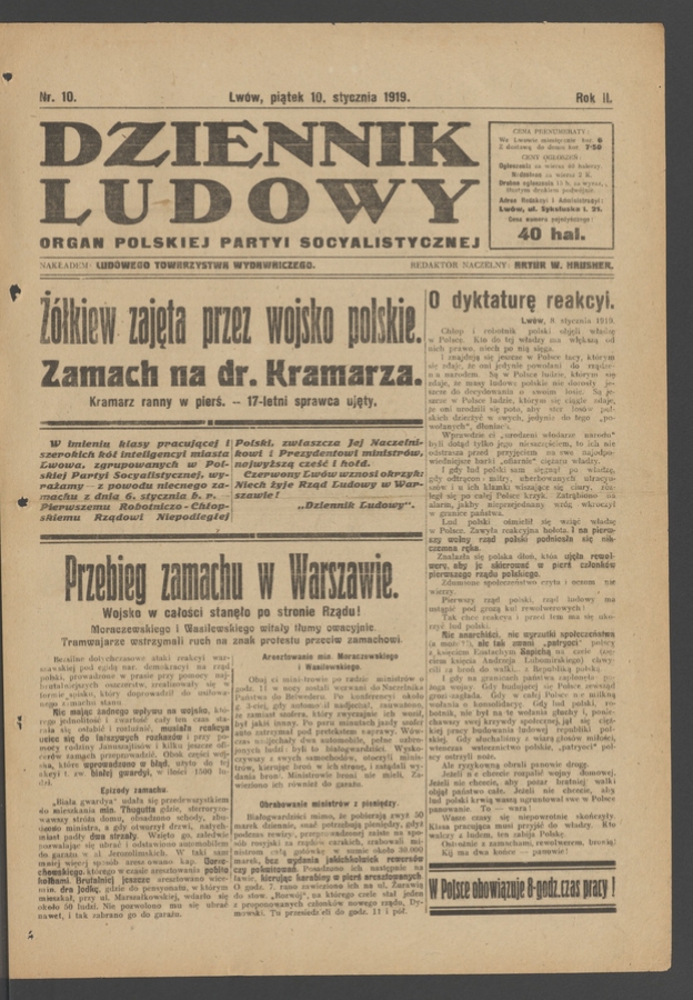 Dziennik Ludowy&nbsp;: organ Polskiej Partyi Socyalistycznej. Rok&nbsp;2, 1919, numer&nbsp;10