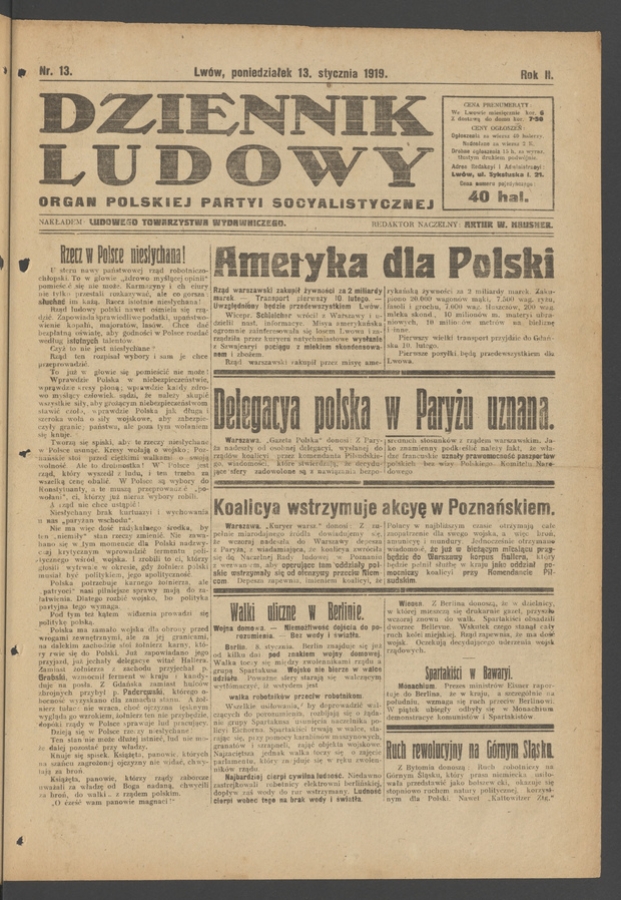 Dziennik Ludowy&nbsp;: organ Polskiej Partyi Socyalistycznej. Rok&nbsp;2, 1919, numer&nbsp;13