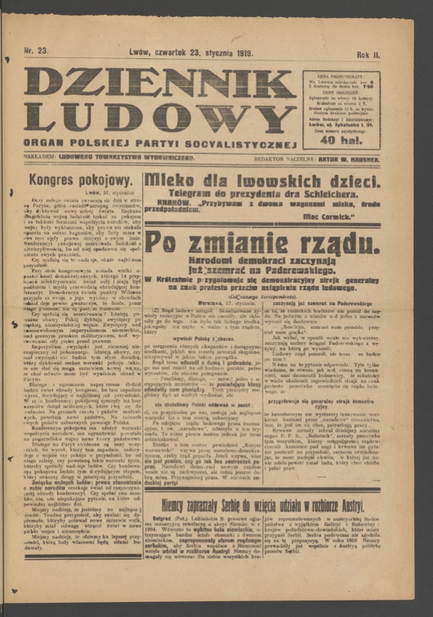 Dziennik Ludowy&nbsp;: organ Polskiej Partyi Socyalistycznej. Rok&nbsp;2, 1919, numer&nbsp;23