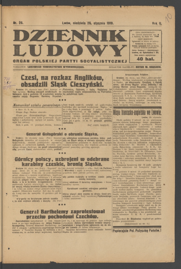 Dziennik Ludowy&nbsp;: organ Polskiej Partyi Socyalistycznej. Rok&nbsp;2, 1919, numer&nbsp;26