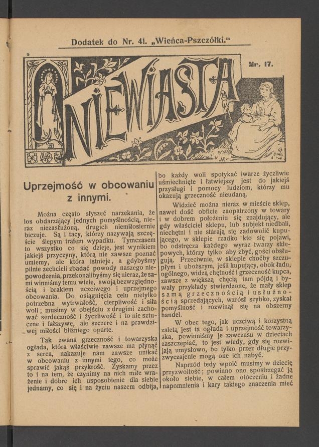 Niewiasta&nbsp;: dodatek do&nbsp;numeru&nbsp;41 &bdquo;Wieńca-Pszcz&oacute;łki&rdquo;. Rok&nbsp;9, 1909, numer&nbsp;17