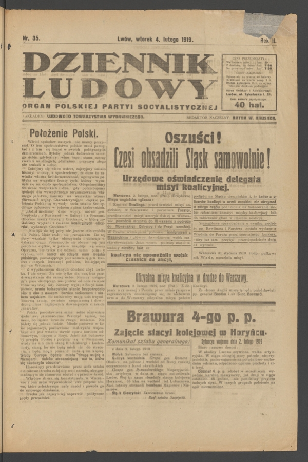 Dziennik Ludowy&nbsp;: organ Polskiej Partyi Socyalistycznej. Rok&nbsp;2, 1919, numer&nbsp;35