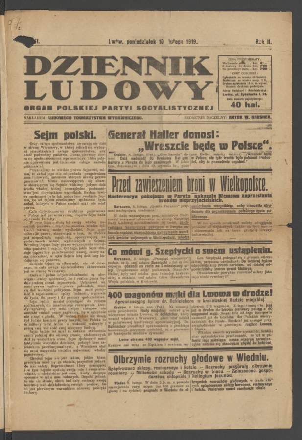 Dziennik Ludowy&nbsp;: organ Polskiej Partyi Socyalistycznej. Rok&nbsp;2, 1919, numer&nbsp;41