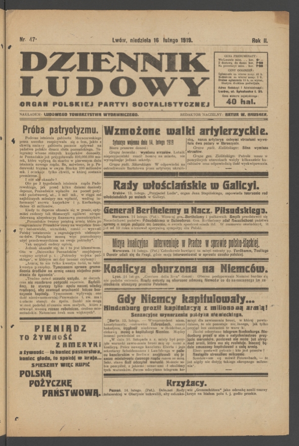 Dziennik Ludowy&nbsp;: organ Polskiej Partyi Socyalistycznej. Rok&nbsp;2, 1919, numer&nbsp;47