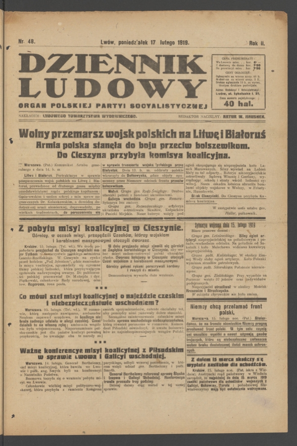 Dziennik Ludowy&nbsp;: organ Polskiej Partyi Socyalistycznej. Rok&nbsp;2, 1919, numer&nbsp;48