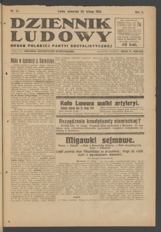 Dziennik Ludowy&nbsp;: organ Polskiej Partyi Socyalistycznej. Rok&nbsp;2, 1919, numer&nbsp;51