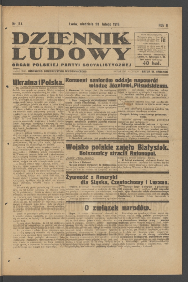 Dziennik Ludowy&nbsp;: organ Polskiej Partyi Socyalistycznej. Rok&nbsp;2, 1919, numer&nbsp;54