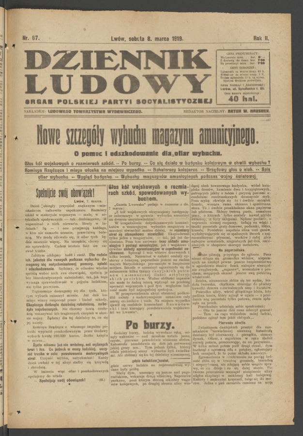 Dziennik Ludowy&nbsp;: organ Polskiej Partyi Socyalistycznej. Rok&nbsp;2, 1919, numer&nbsp;67