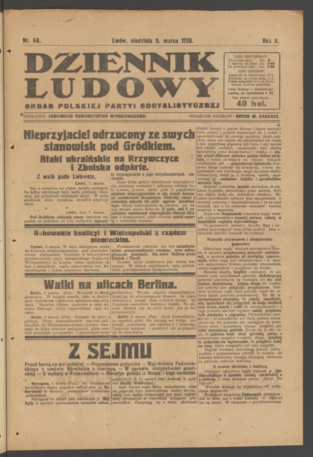 Dziennik Ludowy : organ Polskiej Partyi Socyalistycznej. Rok 2, 1919, numer 68