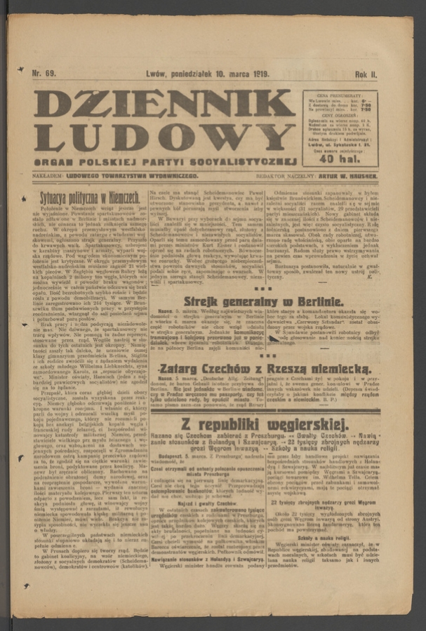 Dziennik Ludowy&nbsp;: organ Polskiej Partyi Socyalistycznej. Rok&nbsp;2, 1919, numer&nbsp;69