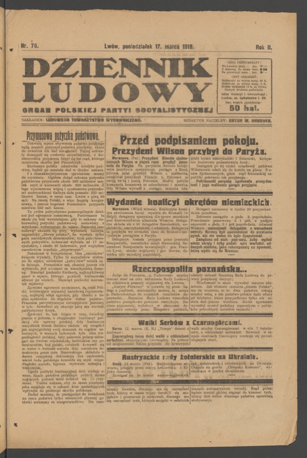Dziennik Ludowy&nbsp;: organ Polskiej Partyi Socyalistycznej. Rok&nbsp;2, 1919, numer&nbsp;76