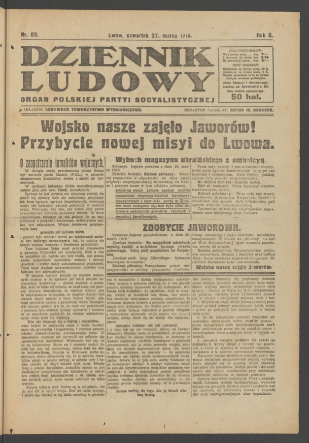 Dziennik Ludowy&nbsp;: organ Polskiej Partyi Socyalistycznej. Rok&nbsp;2, 1919, numer&nbsp;86
