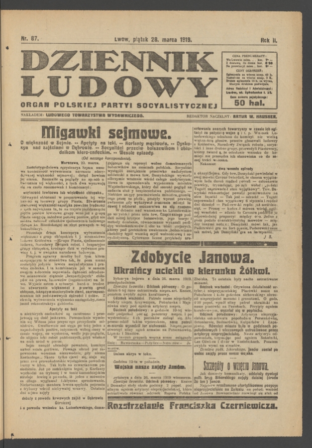 Dziennik Ludowy&nbsp;: organ Polskiej Partyi Socyalistycznej. Rok&nbsp;2, 1919, numer&nbsp;87