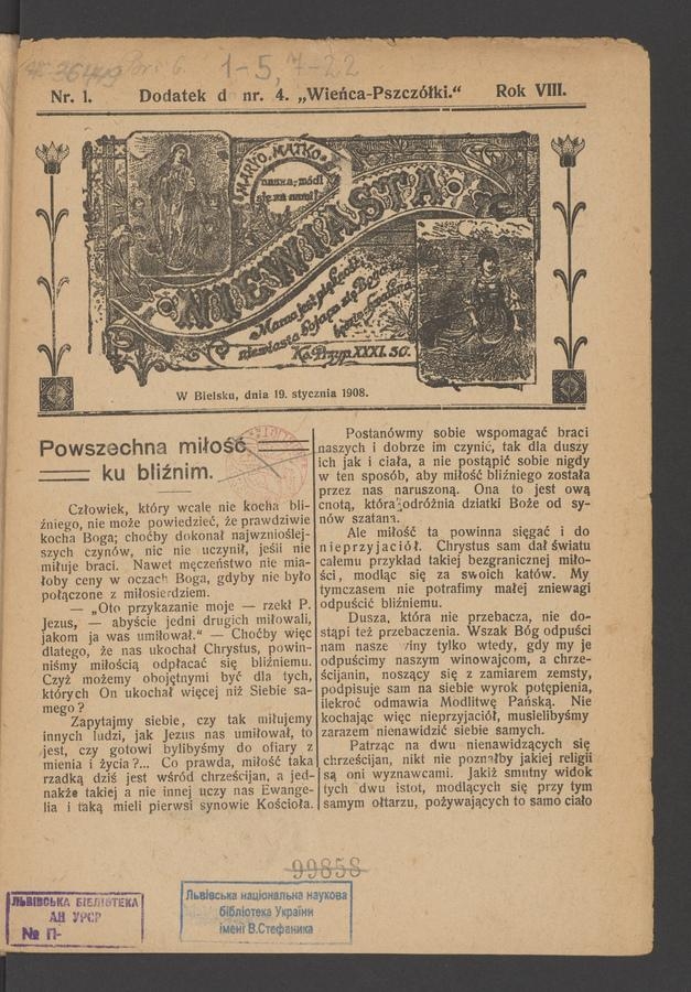 Niewiasta : dodatek do&nbsp;numeru&nbsp;4 &bdquo;Wieńca-Pszcz&oacute;łki&rdquo;. Rok&nbsp;8, 1908, numer 1