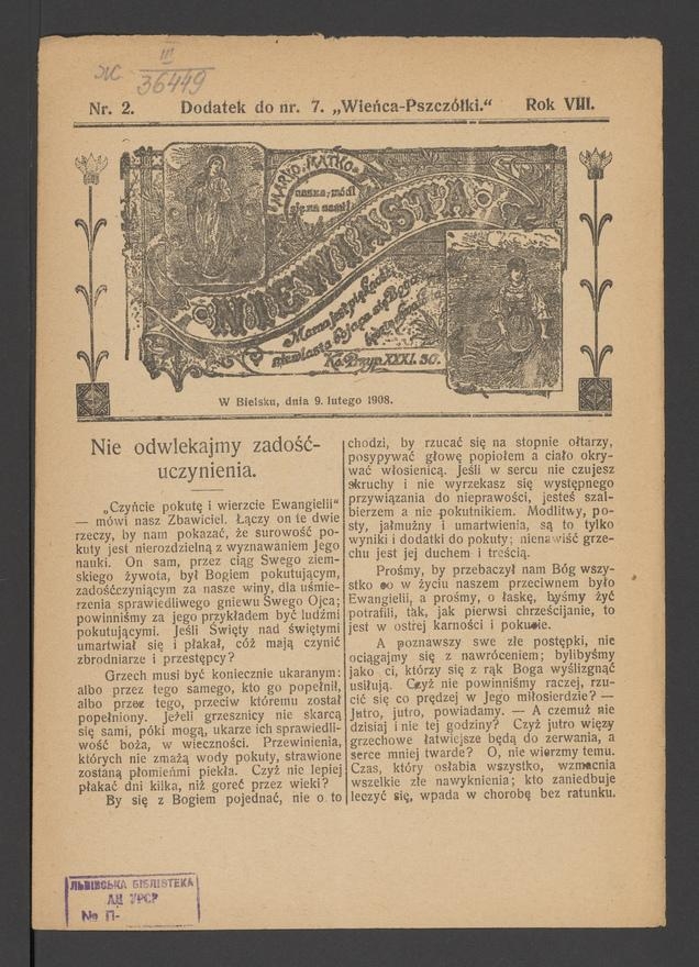 Niewiasta : dodatek do&nbsp;numeru&nbsp;7 &bdquo;Wieńca-Pszcz&oacute;łki&rdquo;. Rok&nbsp;8, 1908, numer&nbsp;2