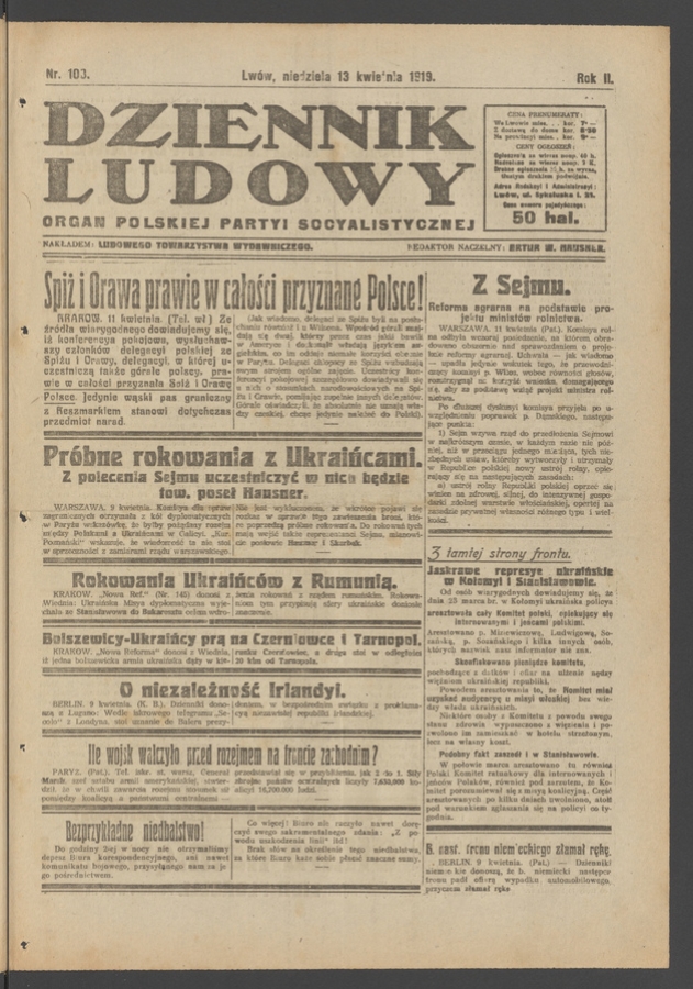 Dziennik Ludowy : organ Polskiej Partyi Socyalistycznej. Rok 2, 1919, numer 103